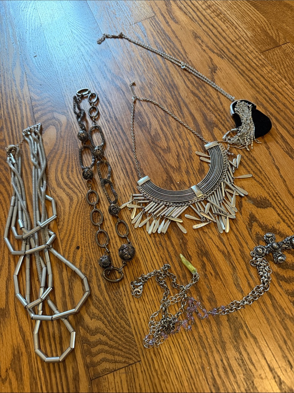 Set of 5 Silver-Tone Statement Fringe Bib Necklace - Women Jewelry